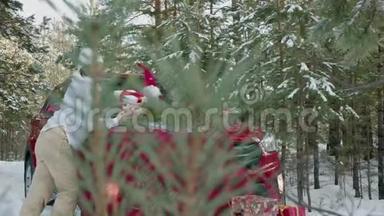 美丽的女人拿着圣诞礼物在雪地森林的红色汽车背景上。 近红色新年礼物的成年妇女